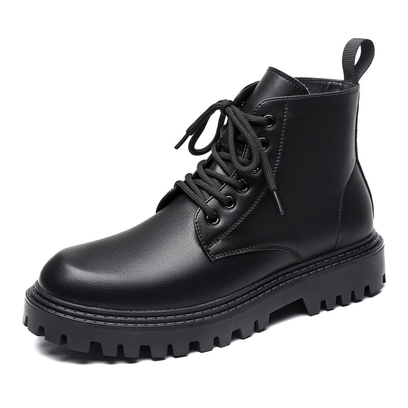 Men's Black Leather High Top Waterproof Boots For Autumn Style_voghion.com
