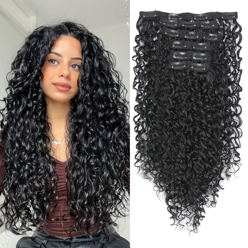 クロスボーダー热い贩売化繊カーラーヘアクリップヘアエクステKINKY CURLY Clip Insフルヘッドウィッグレディースブラックブラウン|undefined