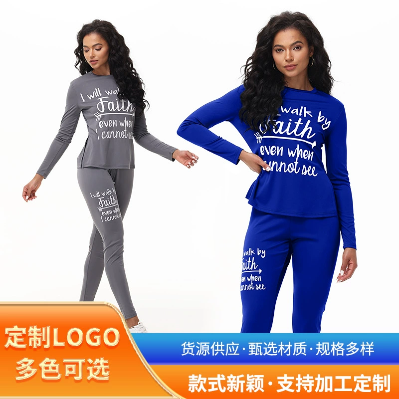 Европейская и американская трансграничная мода женская буква с принтом с длинными рукавами топы брюки из двух частей