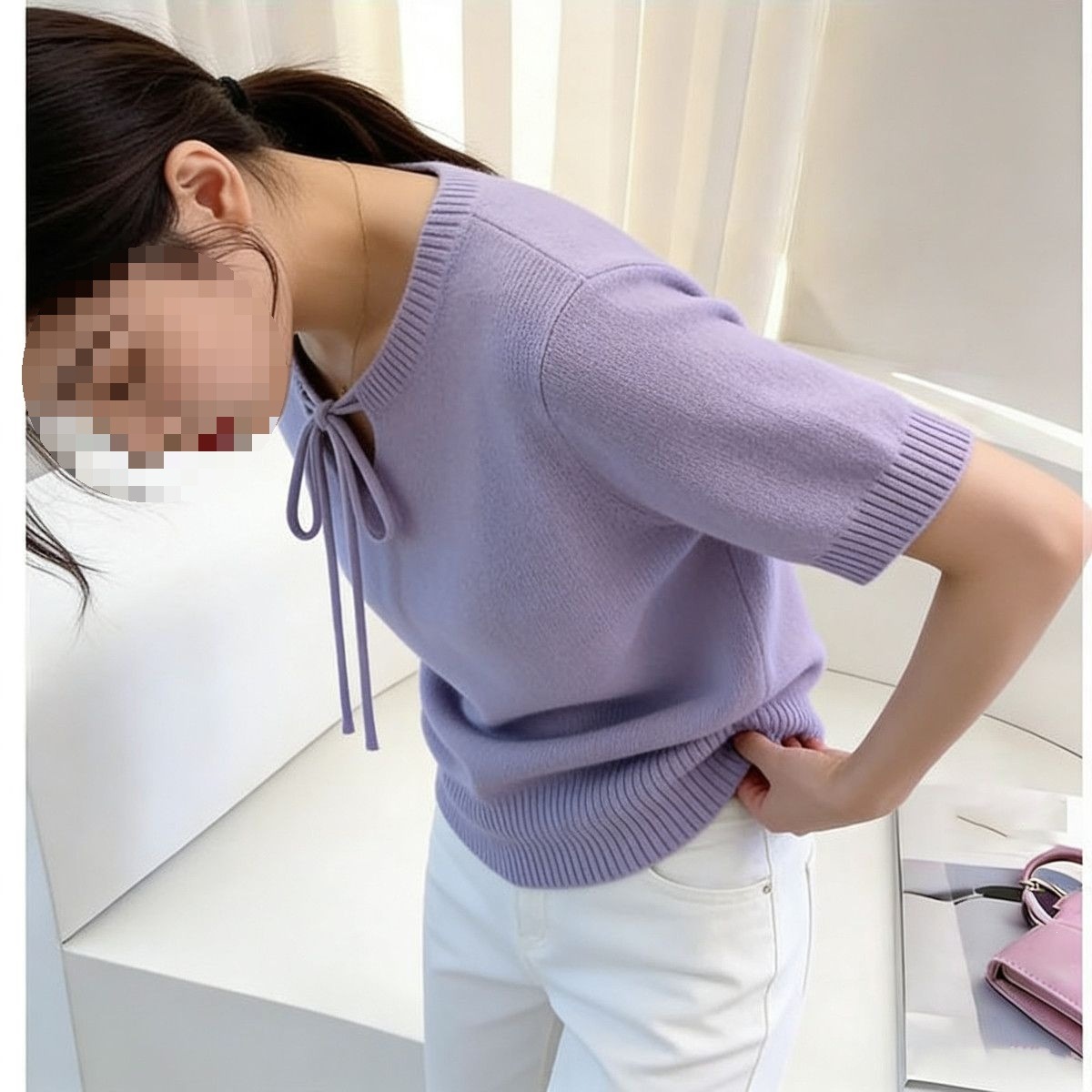 Áo thun nữ tay ngắn cổ tròn dáng rộng chất liệu dệt kim mỏng mùa hè — Xanh lá cây nhạtcolor, Màu tím. chi tiết 8