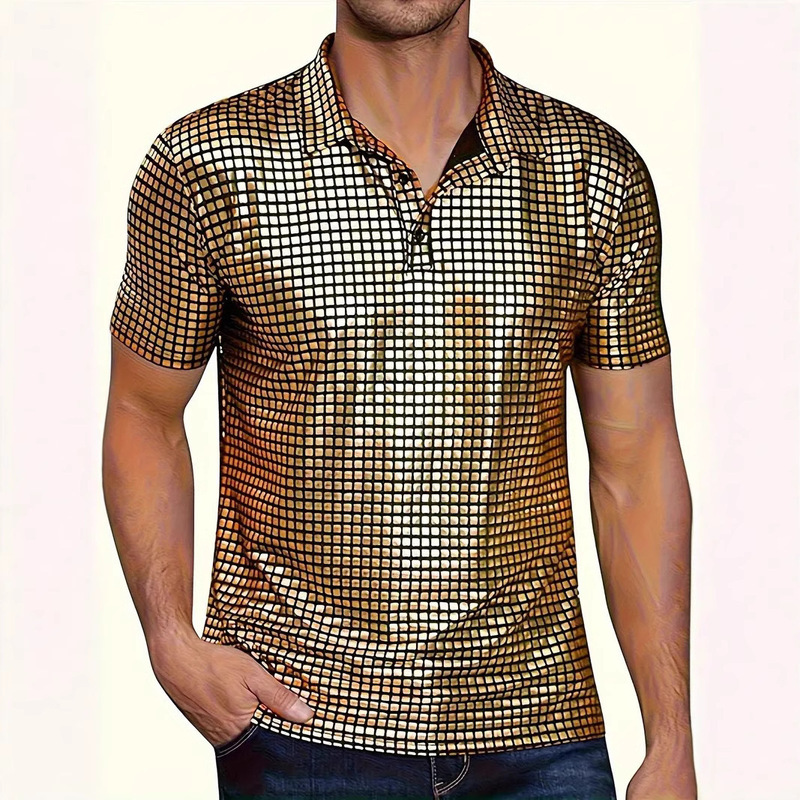 25 Cross-Border Men's 70S Disco Shirt with Shiny Sequins Short-Sleeve Party Polo Shirt Stylish Nightclub 25 Cross-Border Men's 70S Disco Shirt with Shiny Sequins Short-Sleeve Party Polo Shirt Stylish Nightclub