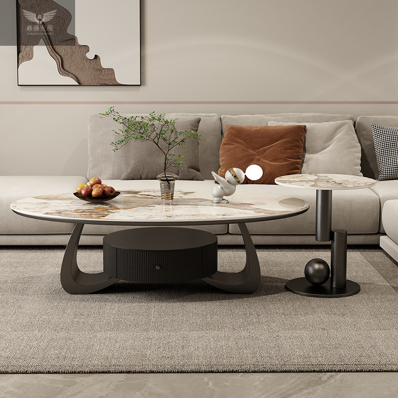 Salón de estar de estilo doméstico mesa de té de tabla de roca de lujo ligera moderna combinación de tamaño oval simple diseñador con tabla de borde