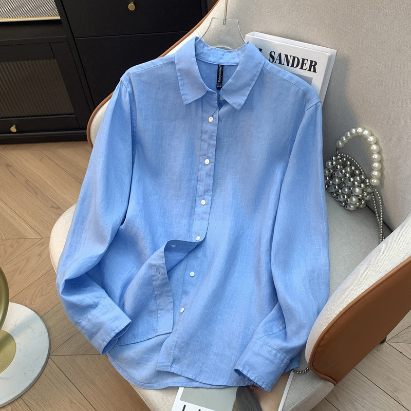 Coastal Blue Linen Shirt Women's Long-Sleeved Thin Summer New Style Breathable Loose Top Women's Casual Sun Protection Shirt Coastal Blue Linen Shirt Women's Long-Sleeved Thin Summer New Style Breathable Loose Top Women's Casual Sun Protection Shirt