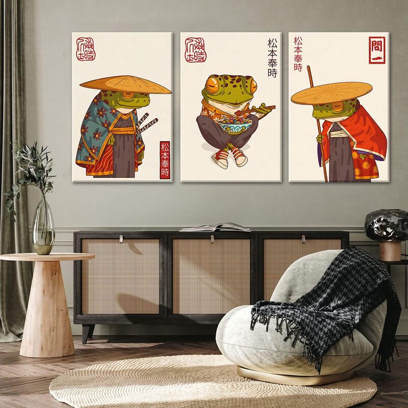 3 pieces of vintage Japanese-style frog wall art, cute and funny Japanese samurai frog poster prints 3 pieces of vintage Japanese-style frog wall art, cute and funny Japanese samurai frog poster prints