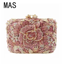 严选跨境供应粉色山茶花水钻手拿包女士镶钻钱包出口欧美晚宴包包
