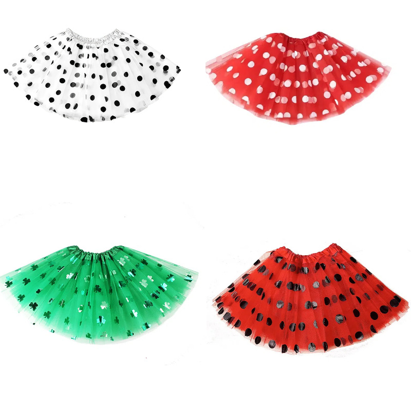 爱尔兰成人网纱tutu波点胶印烫金三叶草tutu裙三层6片网纱半身裙
