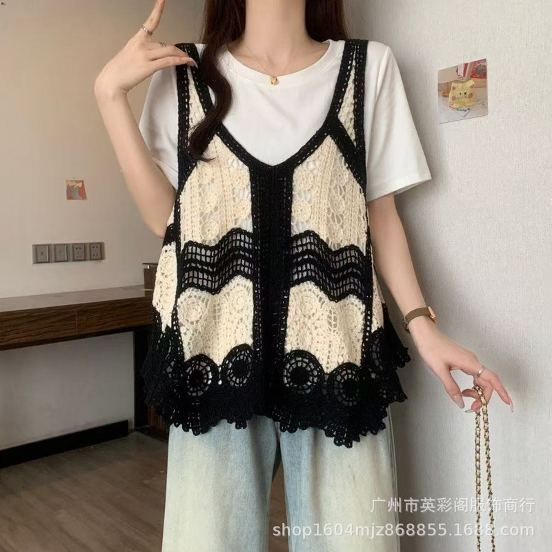 Vacation-style Hollow-out Crochet Knitted Sweater Sleeveless Camisole Women's Outer Wear Spring New Color-matching Stacked Blouse Trendy