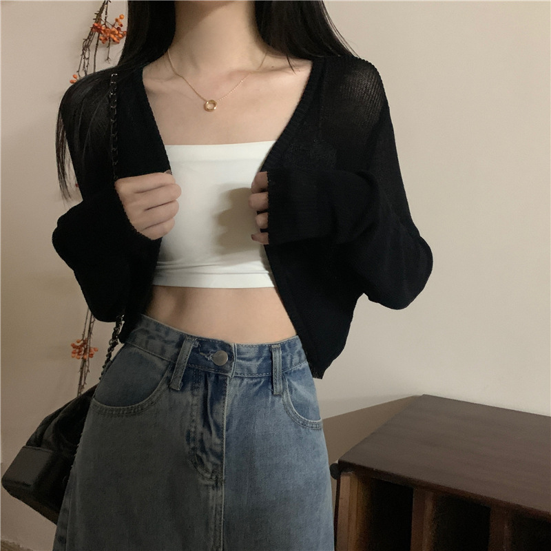 Summer Korean style new long-sleeved cardigan, thin, versatile short knit cardigan top, sun protection, and outerwear.