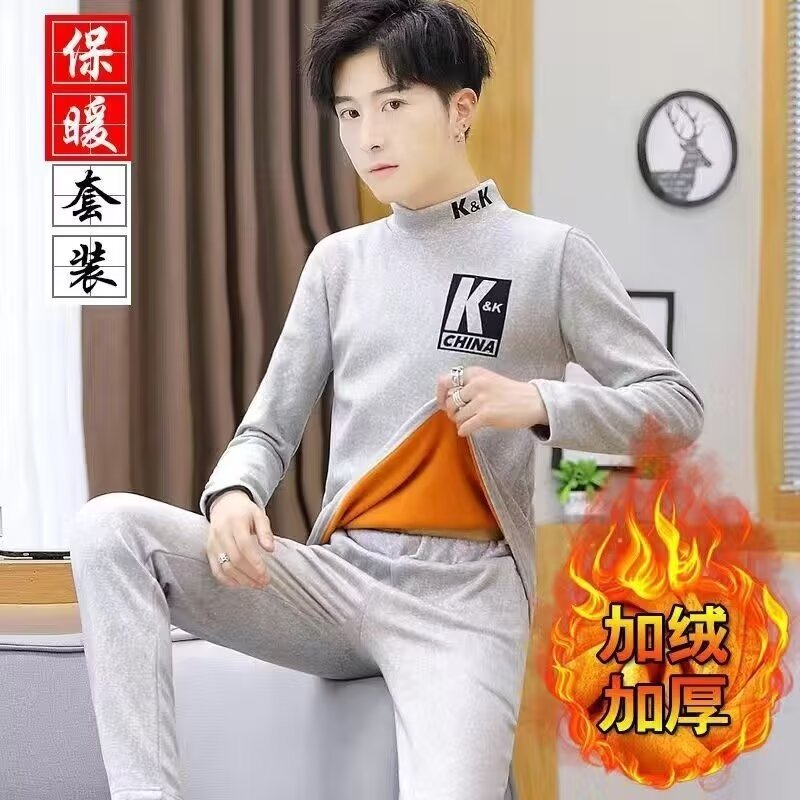 Fabricante de origen ropa interior térmica para hombres más traje grueso de terciopelo, pantalones largos para jóvenes de invierno, ropa de otoño de terciopelo dorado para hombres de cuello medio alto