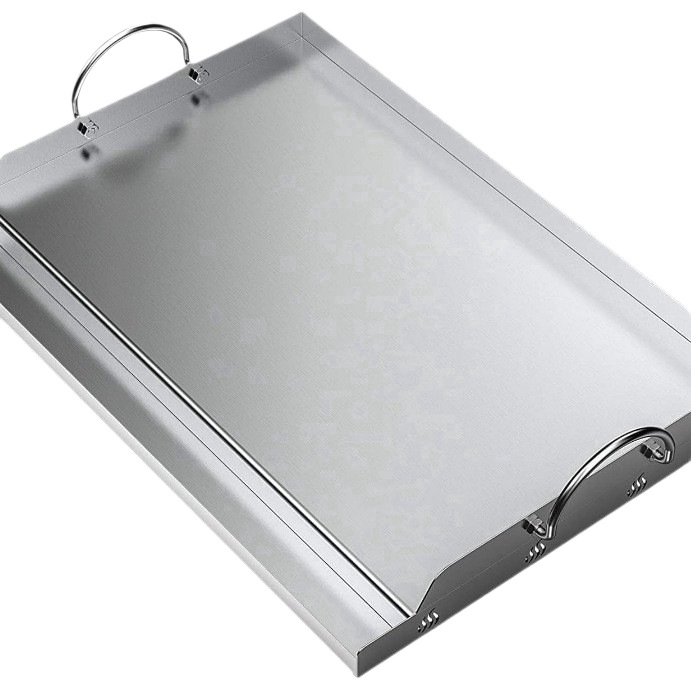 Placa de parrilla de horno de acero inoxidable con inserción de placa superior plana con mango de ranura de grasa para parrilla de gas y carbón