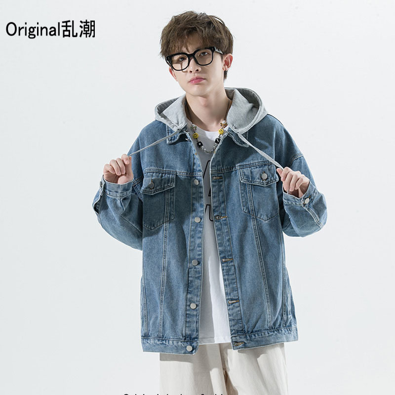 Spring and Autumn Denim coat men's Hong Kong style trendy all-match detachable hat jacket trendy brand all-match handsome couple's outer pullover