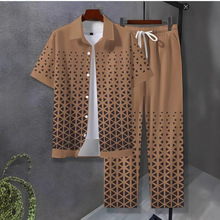 2025跨境外贸男式夏威夷衬衫 休闲气质穿搭 男士短袖衬衫长裤套装