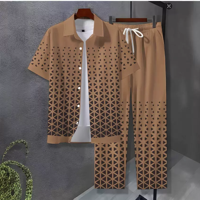 2025跨境外贸男式夏威夷衬衫 休闲气质穿搭 男士短袖衬衫长裤套装