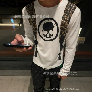 千禧风朋克条纹印花设计潮酷穿搭修身男女同款长袖T恤上新