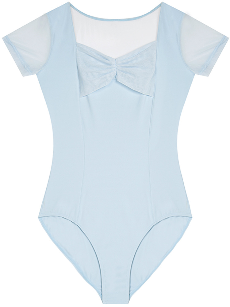 Ropa de baile ropa de práctica de verano de las mujeres de manga corta de nylon de malla plisada mono Ballet entrenamiento básico bailando ropa de cuerpo