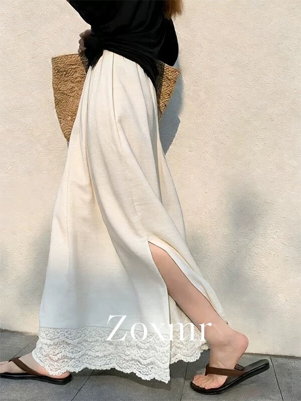 Absolutely Stunning and Beautiful A-Line Long Skirt with High Waist, Elegant White Lace Splicing, and Slit Design for Women, Spring 2026