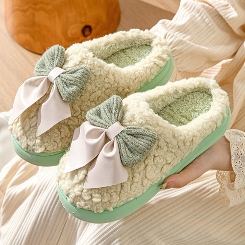 Cotton slippers for women with bows that feel like stepping on shit, autumn and winter thick-soled non-slip indoor lightweight plush warm fur support confinement shoes