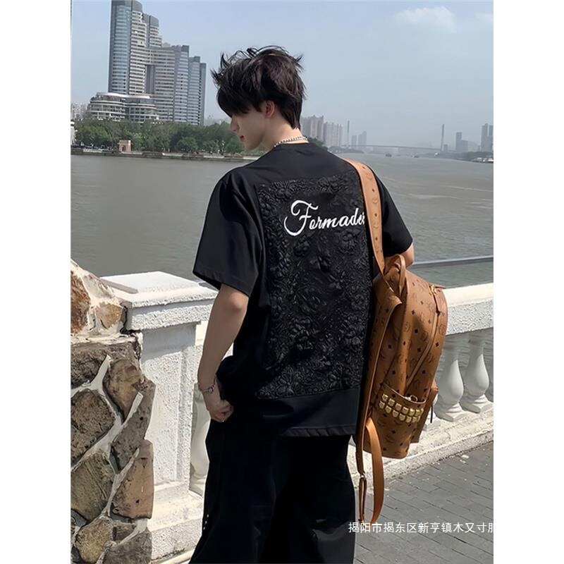 Cross-Border American-Style Black 3D Embossed Short-Sleeve Men's Summer Niche Jacquard Embroidery T-Shirt Heavyweight C
