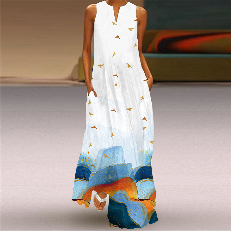2026 Summer Independent Brand New European and American Retro Print Long Dress V-Neck Multi-Color Long Sexy Sleeveless Dress