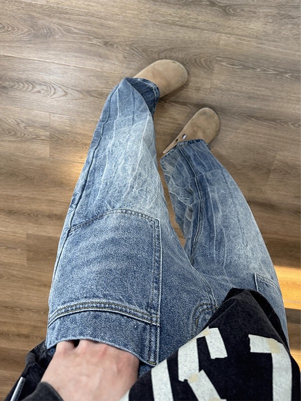 Cleanfit Washed Lightning Pattern Jeans Men's American High Street Vibe Pants Slim Fit Straight Wide Leg Pants