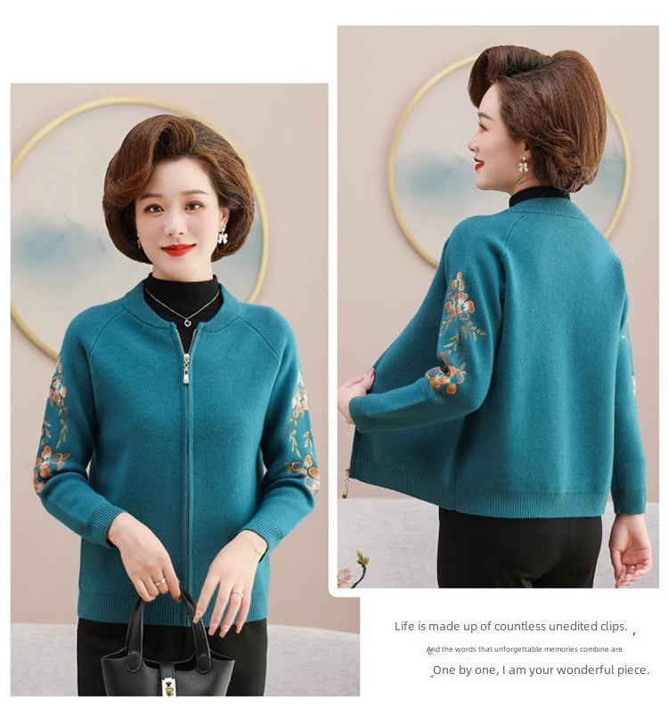 Mom's autumn wool sweater coat middle-aged women's spring and autumn short cardigan small middle-aged and elderly clothes embroidered