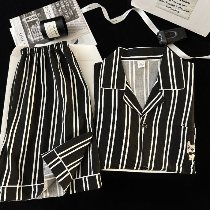 Pijamas de hombre de hilo de algodón de nube negra simple pantalones cortos de verano de manga corta ropa de hogar de gran tamaño casual traje de verano