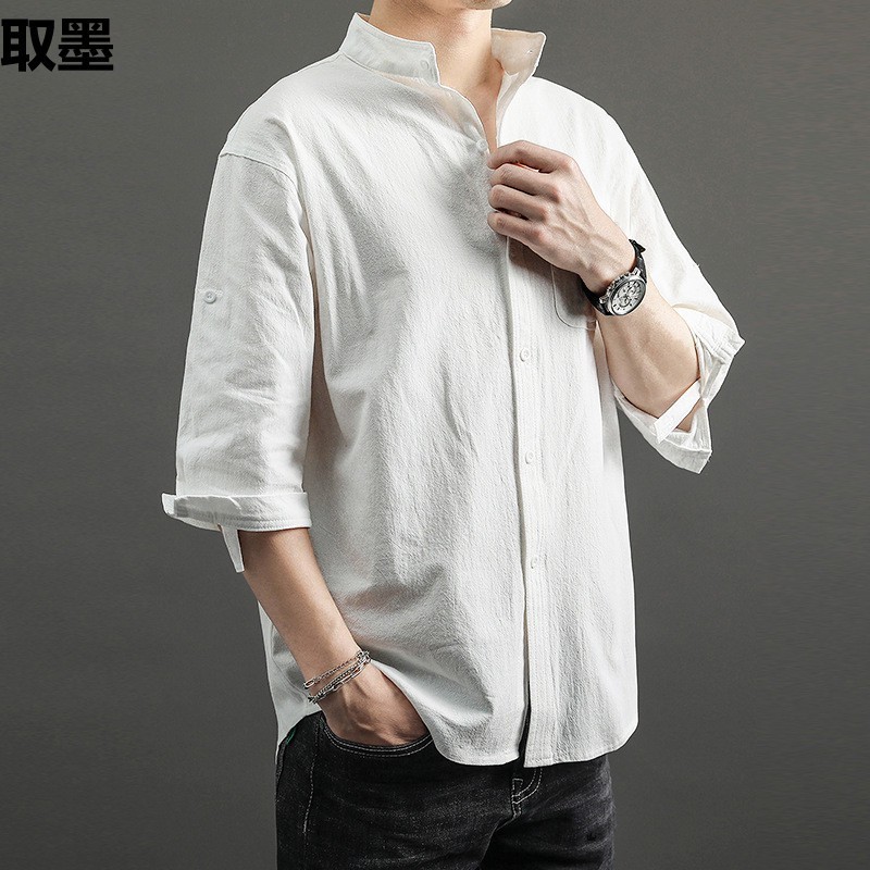 2023夏の七分袖亜麻シャツ男性日系カジュアルゆるい立襟綿麻シャツトレンド男性|undefined