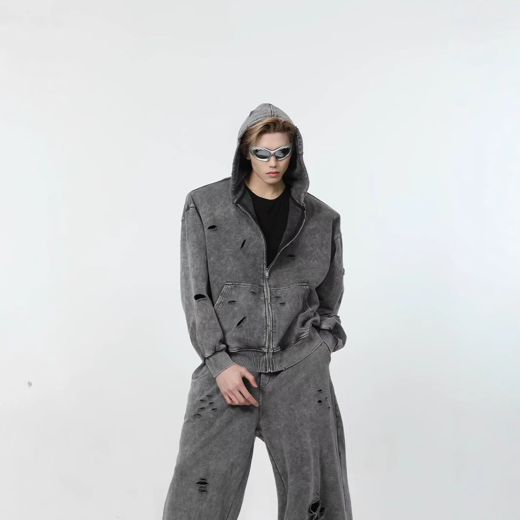 Otoño y invierno nuevos agujeros encapuchados sudaderos lavado con agua pesado suelto versátil retrógrado chaqueta de moda