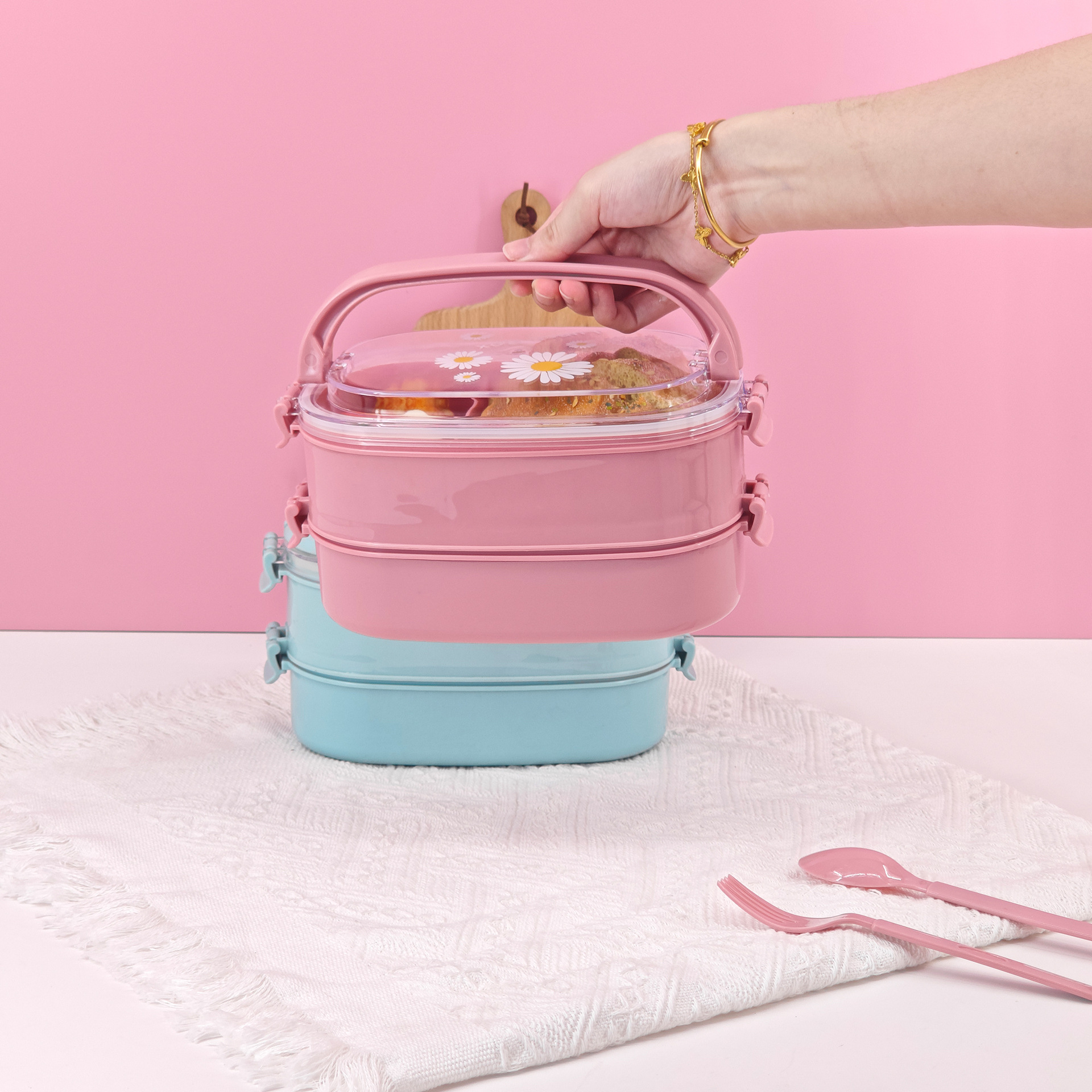 Mayorista de plástico portátil PP simple doble capa caja de comedor portátil de gran capacidad caja de bento lindas flores trituradas caja de comedor de cocina doméstica