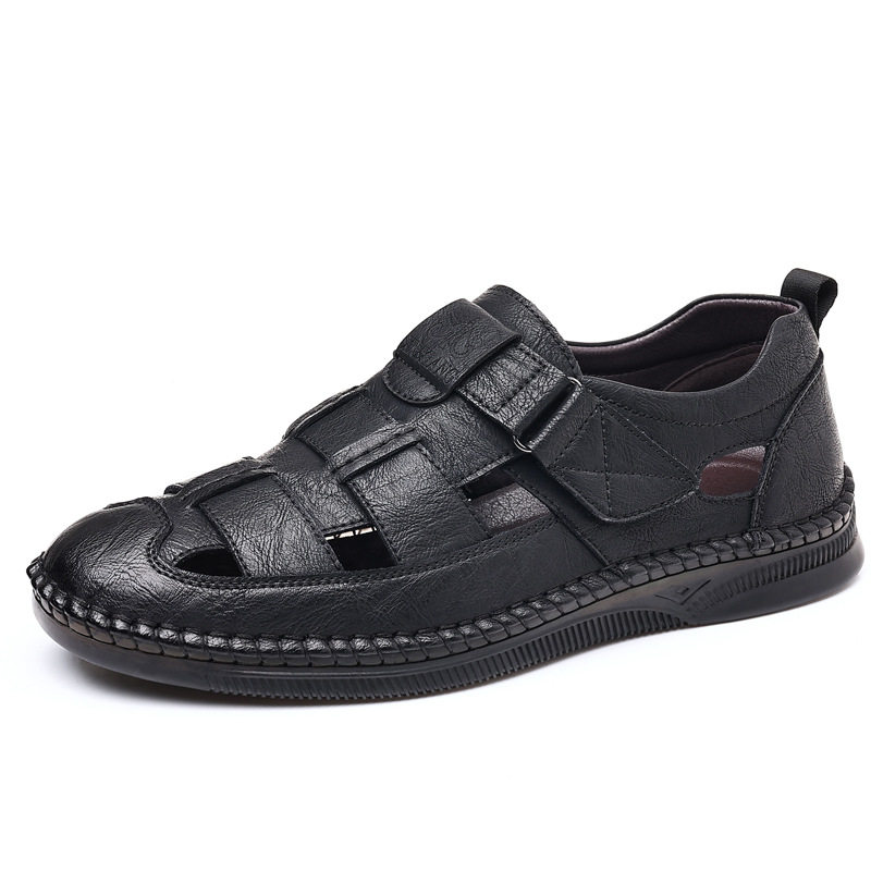 Dép sandal nam da cỡ lớn thiết kế khoét lỗ, khóa dán tiện lợi, form bít mũi — Nâu thời trang, Đen quyến rũ