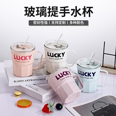 高颜值带吸管把手玻璃杯带柄夏季设计感果汁牛奶礼品杯批发