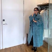 韩国财阀千金毛呢大衣2025冬蓝色廓形中长款羊毛外套女