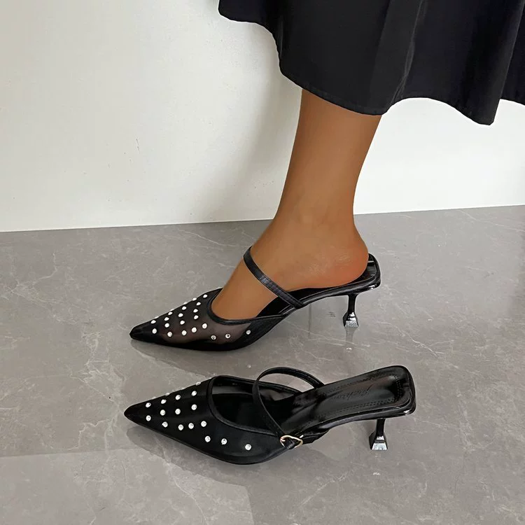 Черные туфли на высоком каблуке с камнями, полусапожки с закрытым носком, женская обувь для улицы, весенне-летние туфли в французском стиле 2025 года.