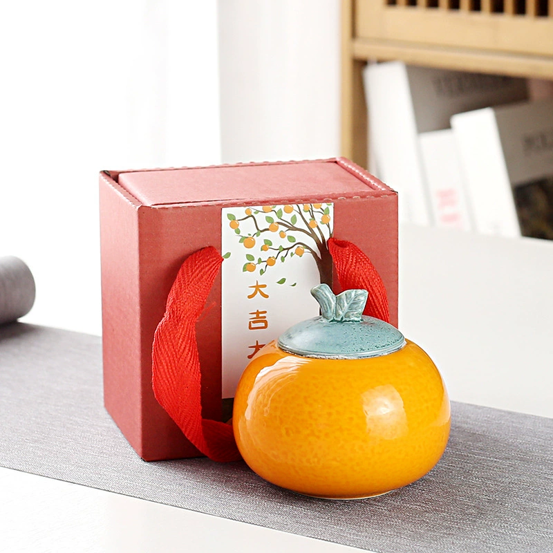 Ceramic Sugar Jar (Persimmon Ruyi) Persimmon Shape, Glazed Gift Box Options, 10×13.8 cm