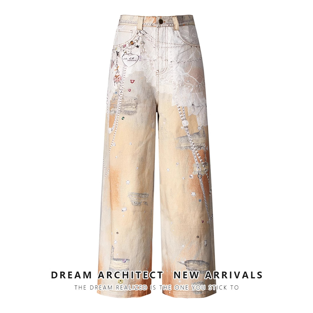 "Orangefarbene Jeans mit Vintage-Kettenprint für Damen – Dopamine Dressing – Weite Jeanshose mit 3D-Prägung und Retro-Vibe"_voghion.com