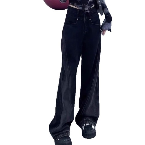 Large Size Fat Girl Black Striped High-Waisted Wide Leg Denim Pants Women Autumn Winter Loose Slimming Straight Leg Ground-Length Pants