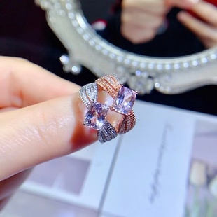S925 Silver Set Natural Morganite Ring Women's Lace Design Explosions Main Stone Size 6 × 8