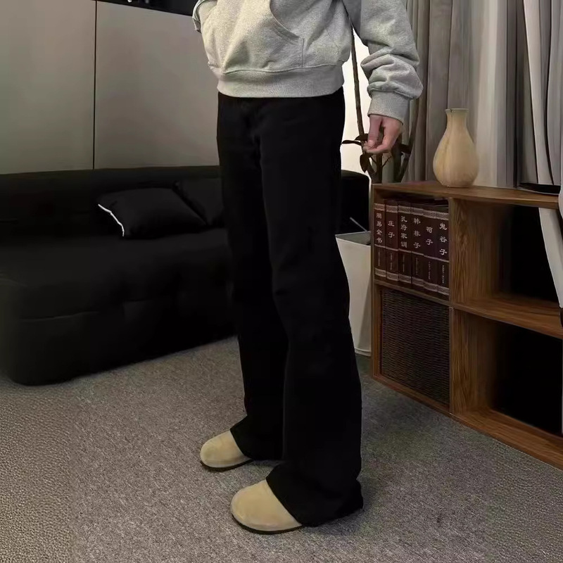 Paris style vibe American style high street fashion brand slim sanding washed straight tube micro black jeans men's and women's cotton