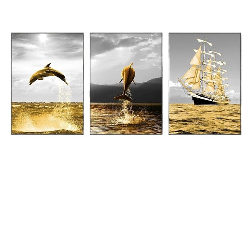 Light luxury modern high-definition home decoration painting triple golden sea dolphin sailboat oil painting spray painting cross-border supply