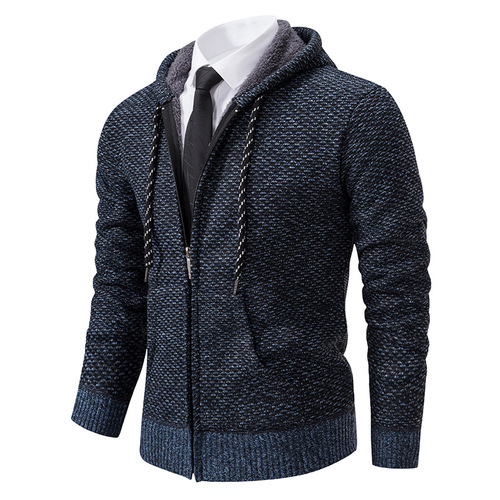 Cross-border European and American-style Cardigan Sweater for Men – Autumn/Winter Fleece-Lined Knitwear, Men's Outdoor Hooded Knitted Jacket