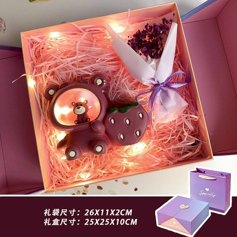 Purple strawberry, pens holder, ceiling light, bouquet
