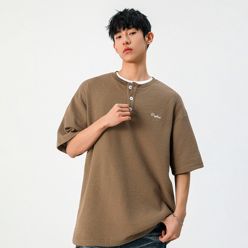 Light Luxury Old Money Texture Waffle-Weave Short-Sleeve T-Shirt for Men, Summer Style – Henry Collar Polo Shirt, 260g, Relaxed-Fit Tee