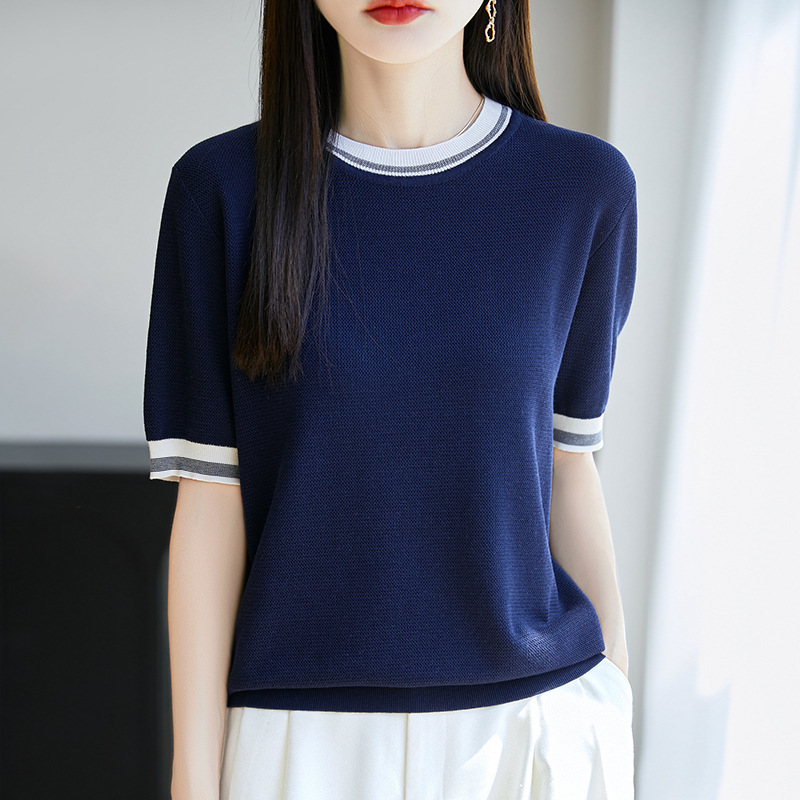 2025 Summer New Mulberry Silk Tencel Crewneck Sweater Half Sleeve Women's Color-matching Pullover Base Shirt Top