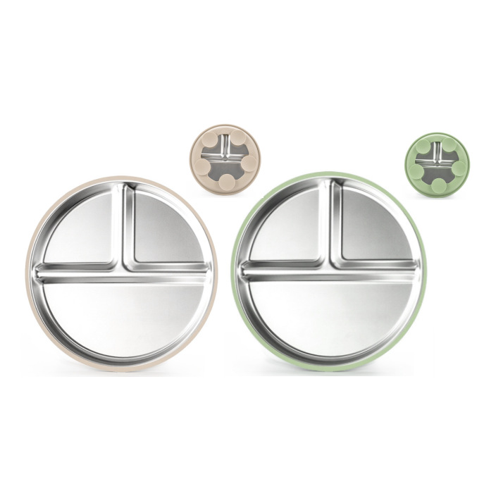 짙은 녹색 + 베이지색 - 스테인리스 접시 2개