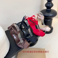 毛容易包头高跟鞋女细跟2025新款方头凉鞋蝴蝶结丝带中空芭蕾舞鞋