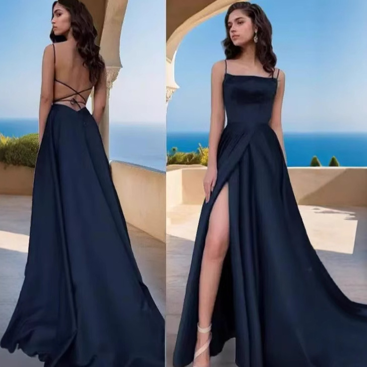 European and American New Style Satin Long Evening Gown with Straps, Waist-Cinching Slit Design, Suitable for Adult Ceremonies and Birthday Parties, Elegant and Stylish