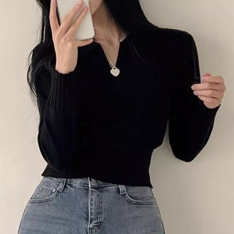 灰色POLO领针织打底衫女秋冬内搭收腰修身设计感小众别致绝美上衣|undefined