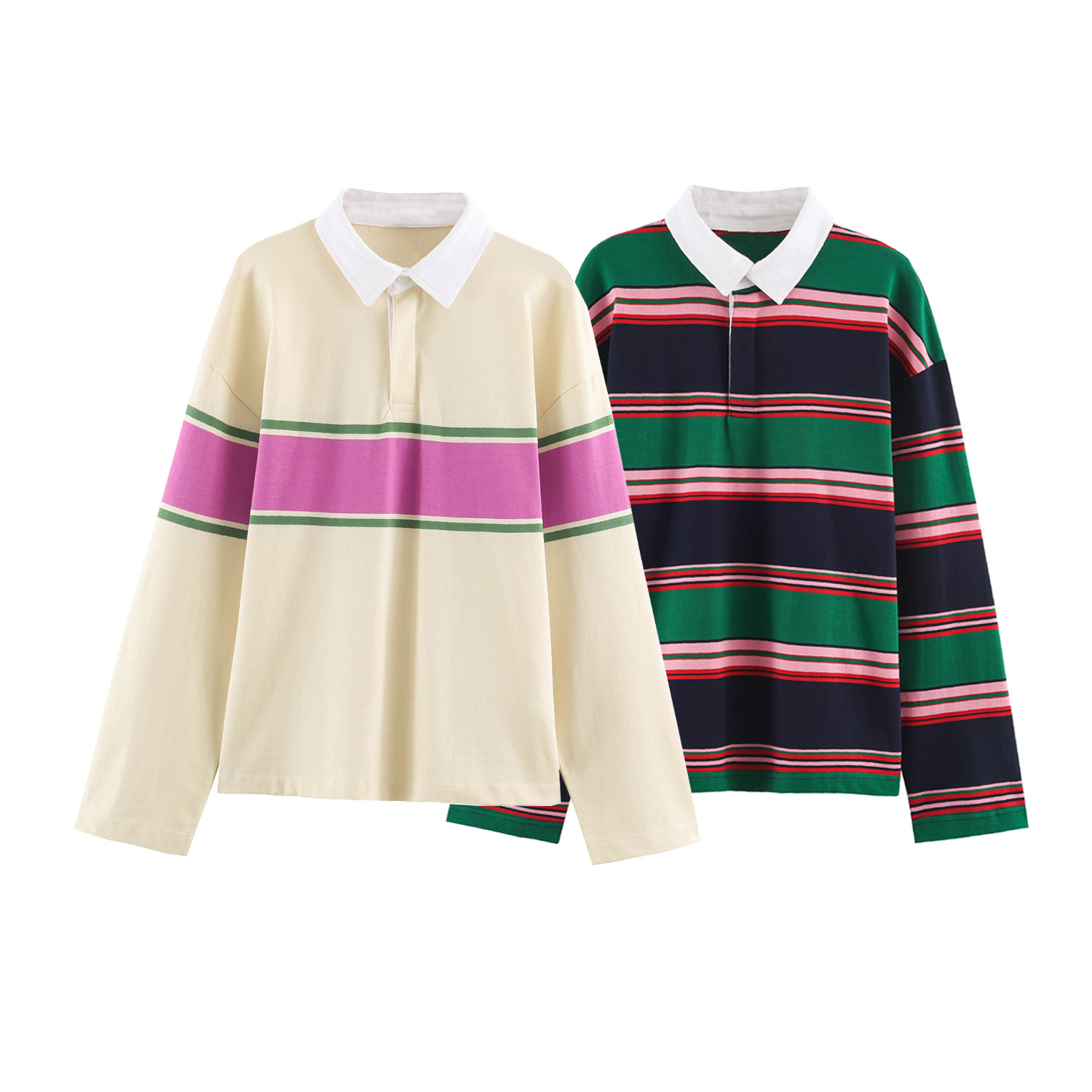Cross-border Women's Clothing 2026 Autumn/Winter New Arrival: Fashionable Casual Long-Sleeved Collared Striped Polo Shirt 6145105