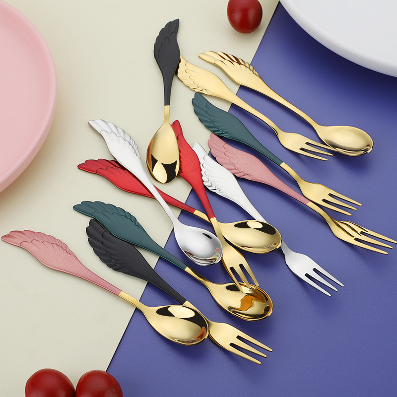 304 de acero inoxidable vajilla alas creativas mango cuchara Tenedor Restaurante Hotel postre cuchara de café logotipo imprimible