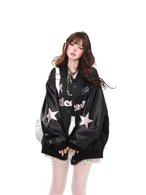 跨境时尚慵懒潮流流行美式蝴蝶结星星刺绣棒球外套女ins气质新款|undefined